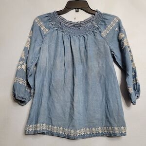 J Jill XS/P Denim Chambray Floral Embroidered Peasant Tunic Top Boho Cottagecore
